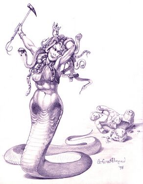 Medusa Queen: Note the war hammer she holds and the shattered statue in the background. My concept was that Medusa first turns her victims to stone and then demolishes them. This was used very effectively in the games opening cinematics.