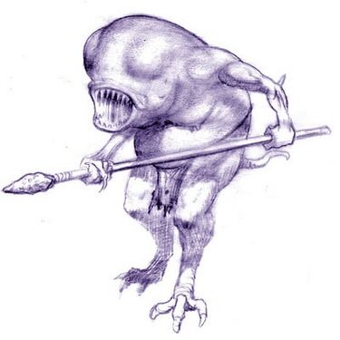 Sketch by George Almond: "My final design for the troglodyte. It occurred to me that since this was a subterranean creature, it would have no use for eyes, and would be blind like a cave fish, relying more on a highly developed sense of smell to find its prey."